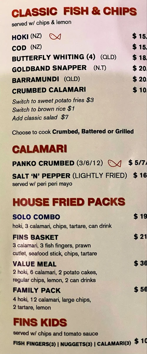 Menu, Fin's Choice Fish and Chips
