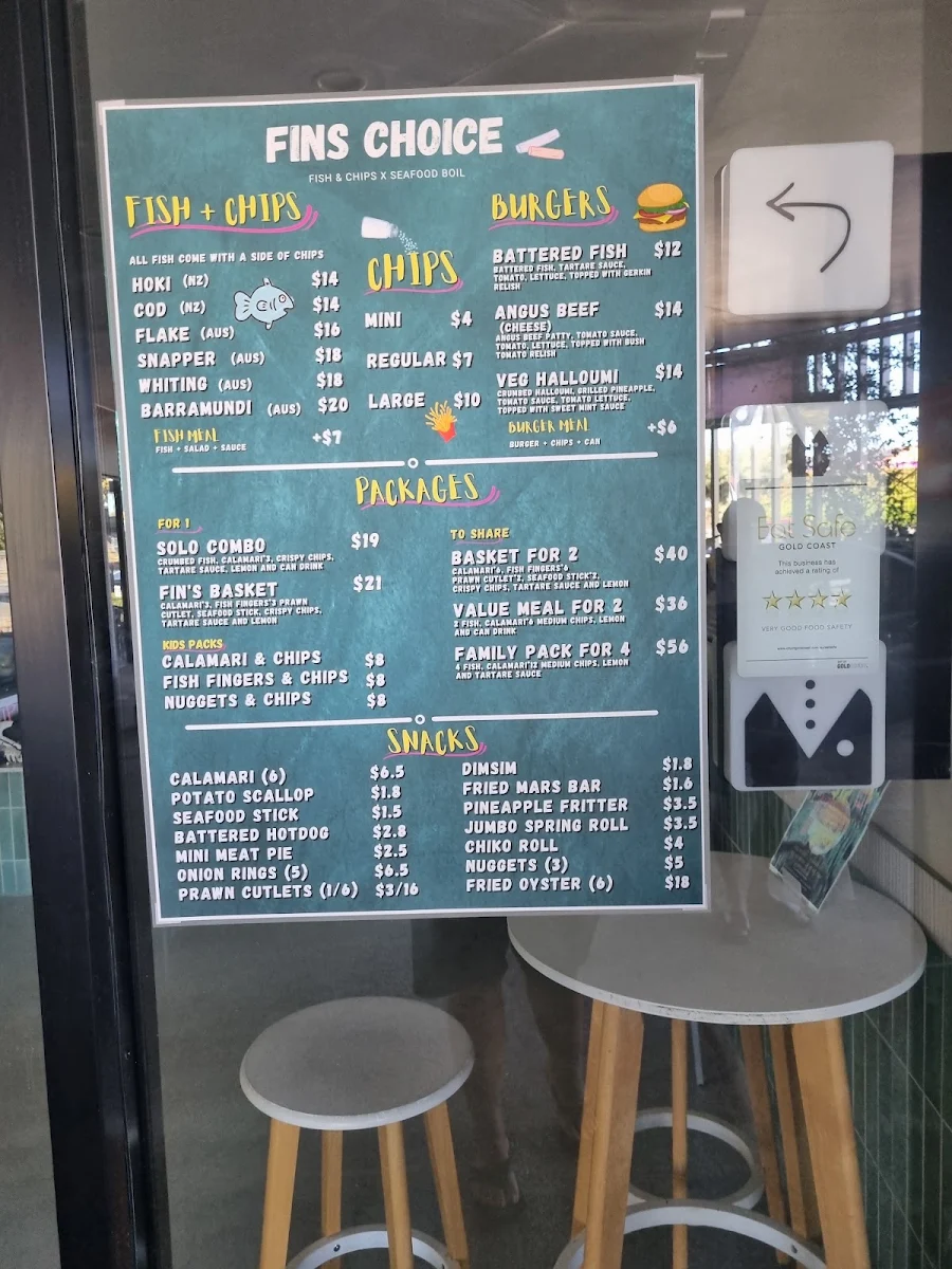 Menu, Fin's Choice Fish and Chips