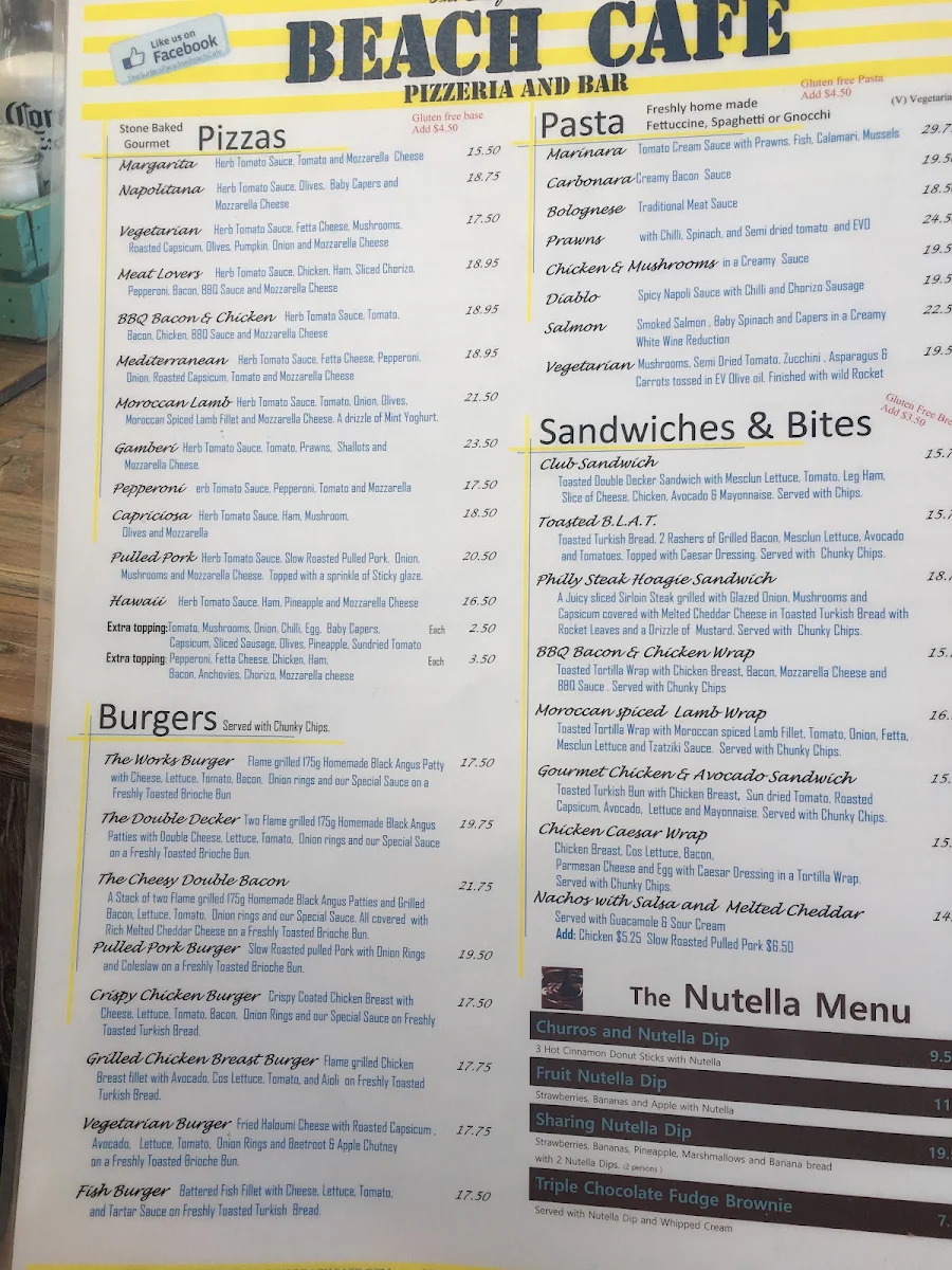 Menu, Beach Cafe