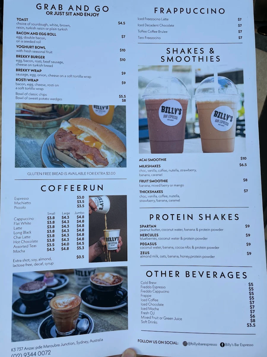 Menu, Billy's Bar Espresso