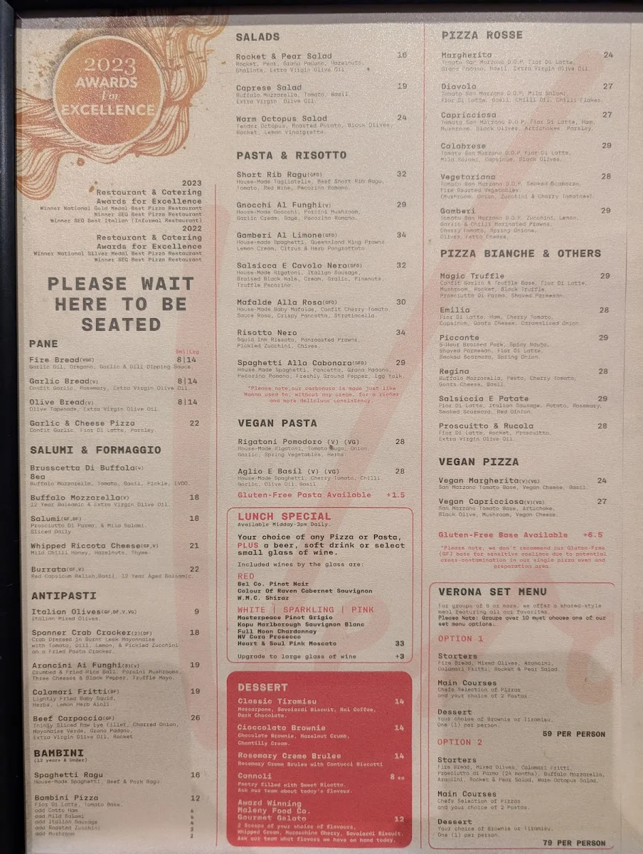 Menu, Verona Fresh Italian