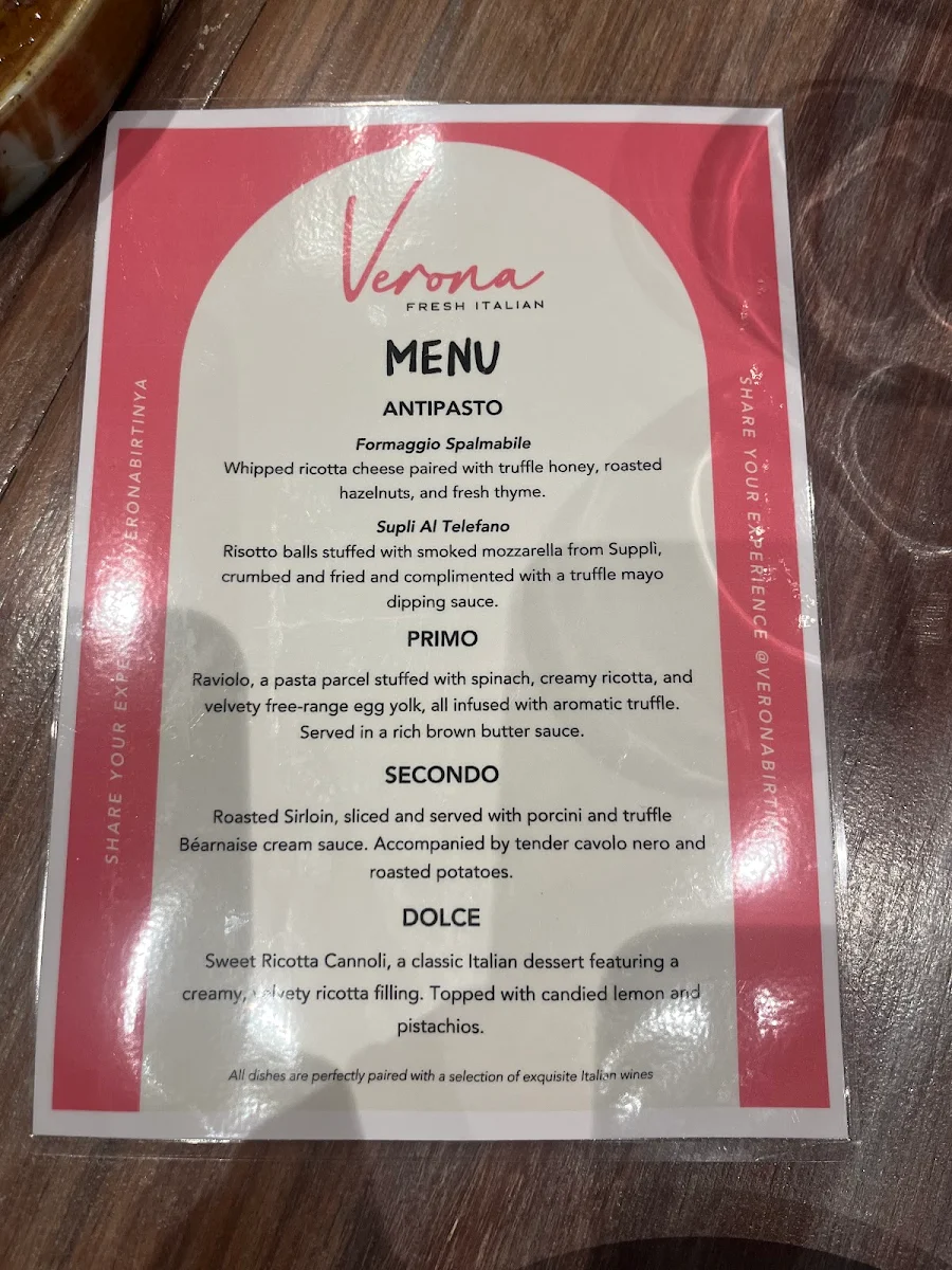 Menu, Verona Fresh Italian