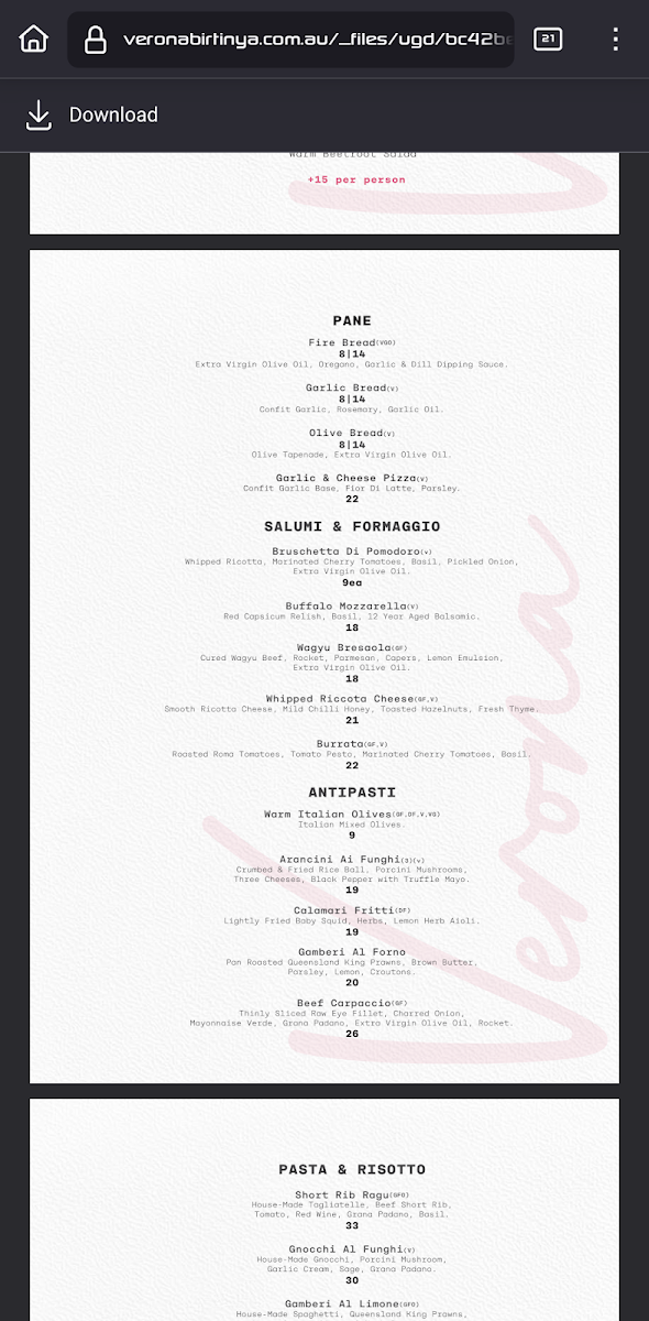 Menu, Verona Fresh Italian