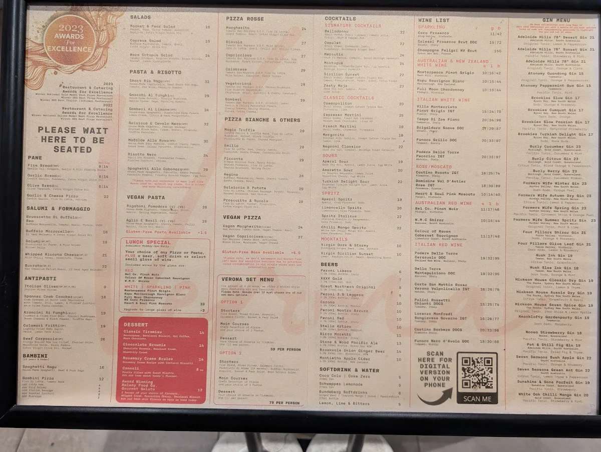 Menu, Verona Fresh Italian