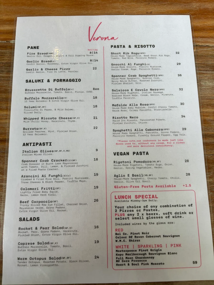 Menu, Verona Fresh Italian