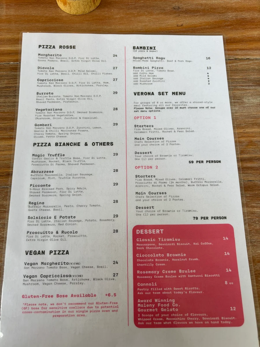 Menu, Verona Fresh Italian
