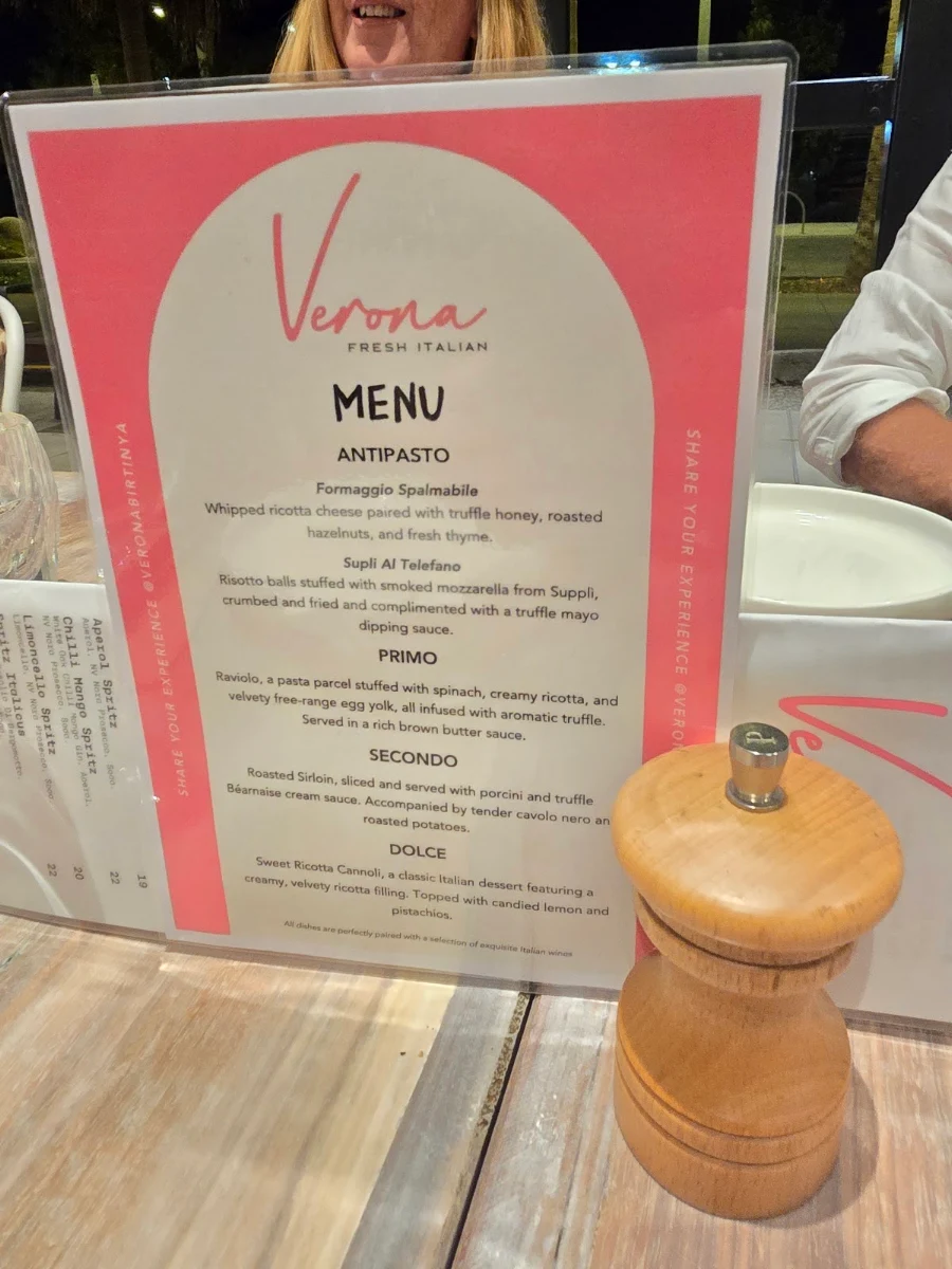 Menu, Verona Fresh Italian