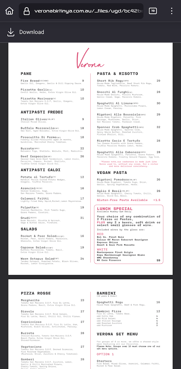 Menu, Verona Fresh Italian