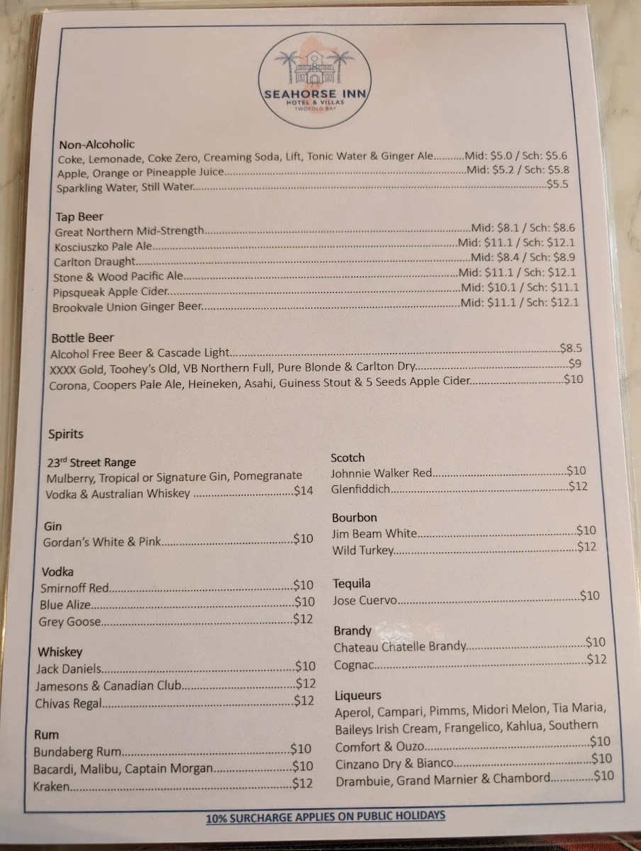 Menu, Seahorse Inn Restaurant
