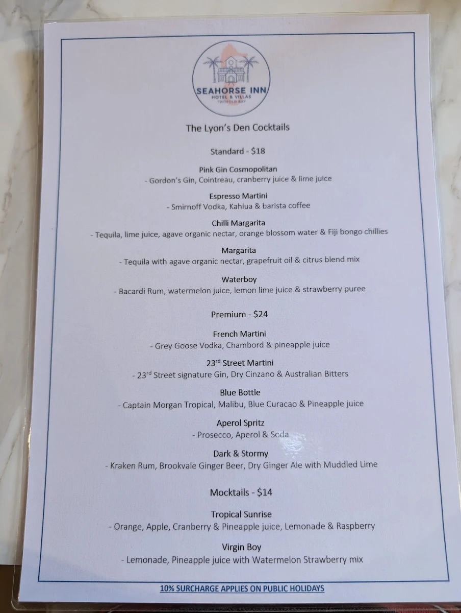 Menu, Seahorse Inn Restaurant