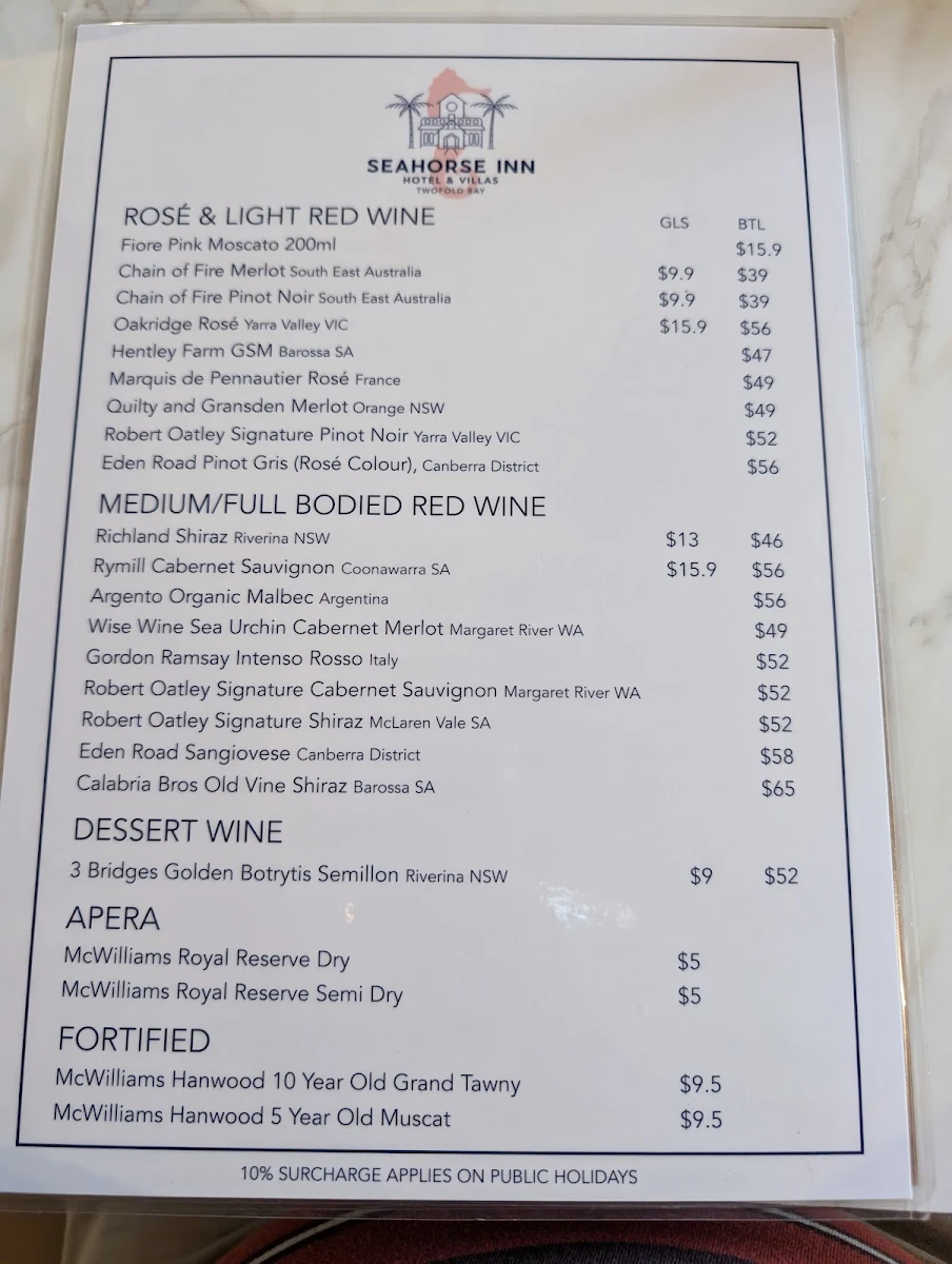 Menu, Seahorse Inn Restaurant