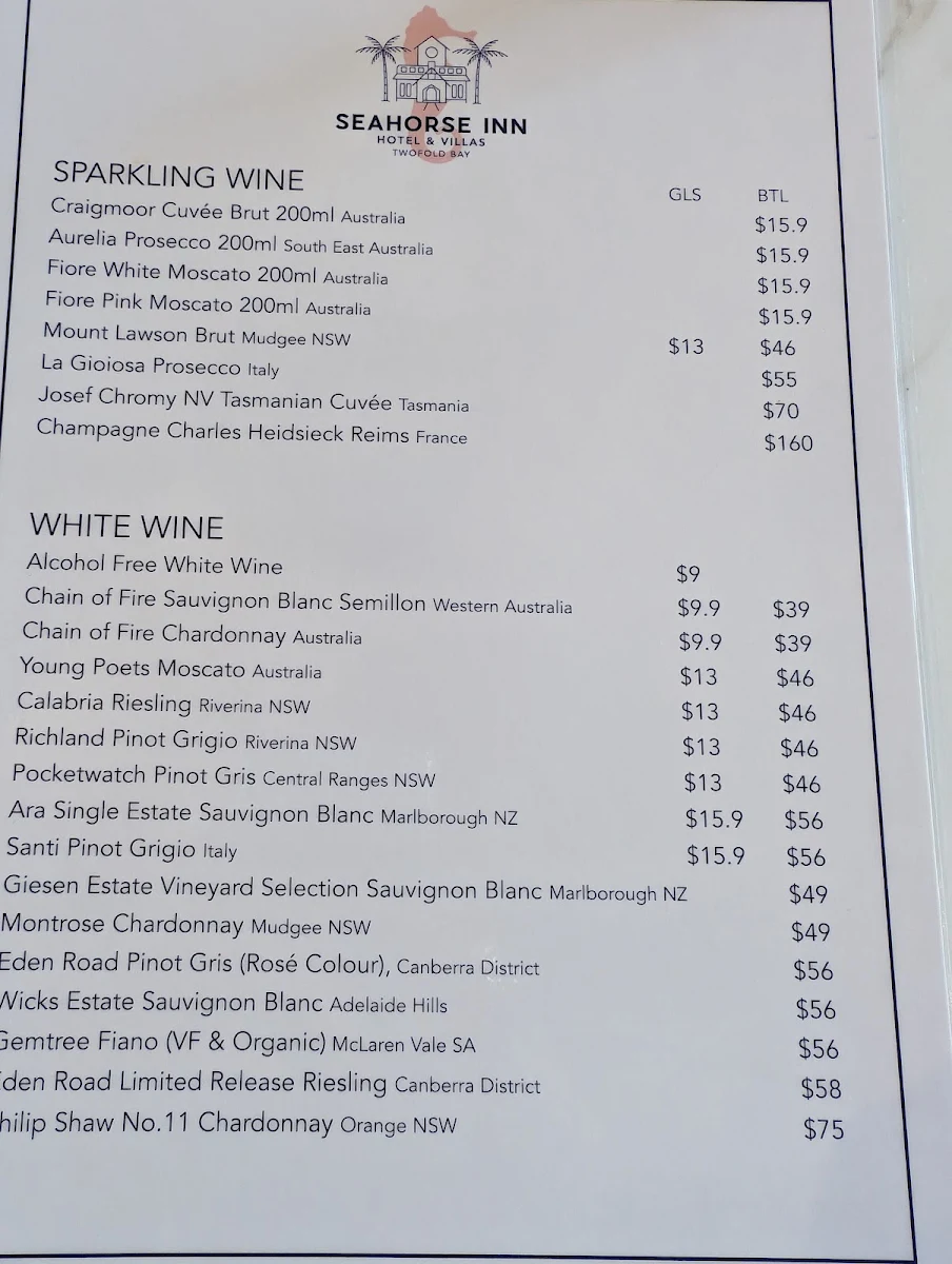 Menu, Seahorse Inn Restaurant