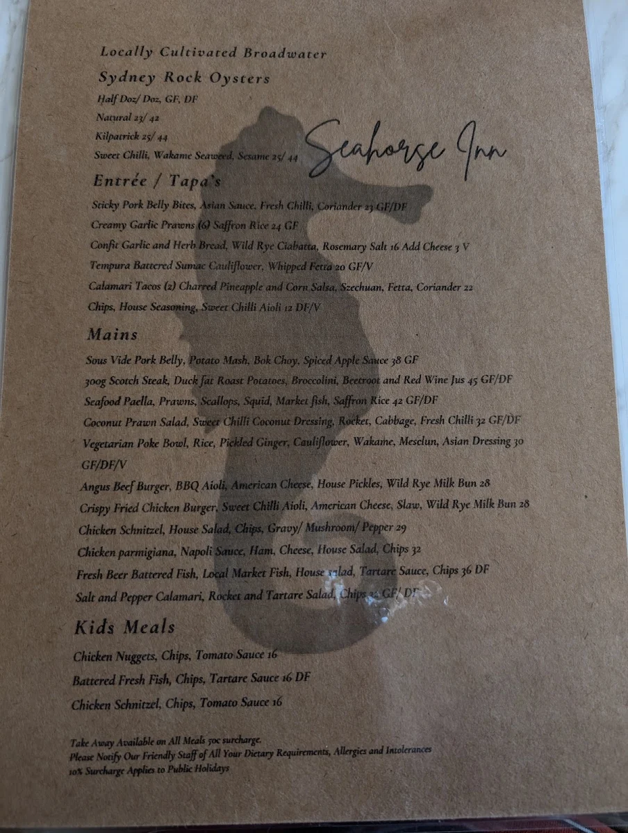 Menu, Seahorse Inn Restaurant