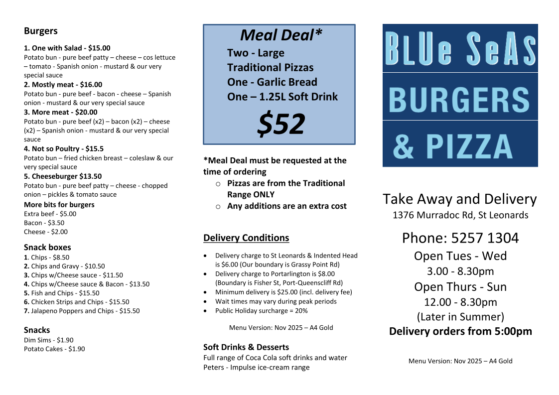 Menu, Blue Seas Burgers and Pizza