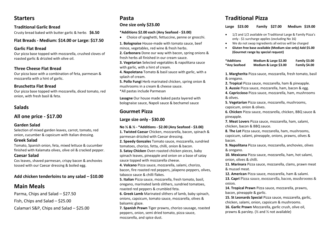 Menu, Blue Seas Burgers and Pizza