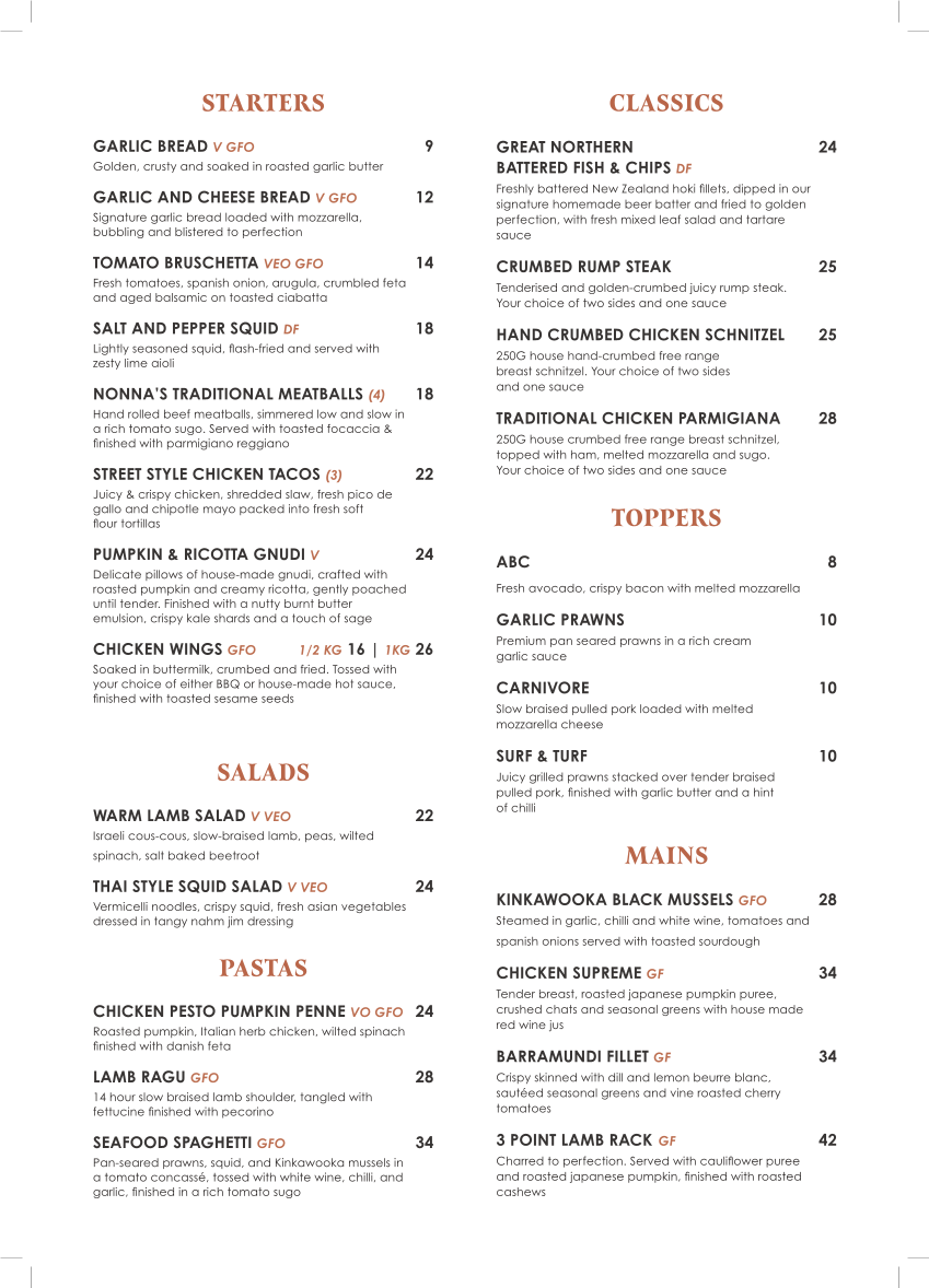 Menu, Sydney Junction Hotel