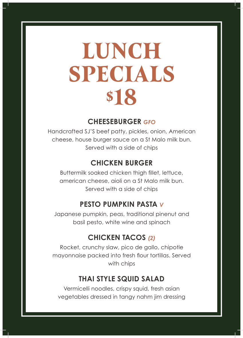 Menu, Sydney Junction Hotel