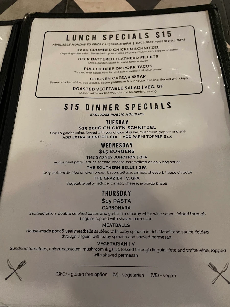 Menu, Sydney Junction Hotel