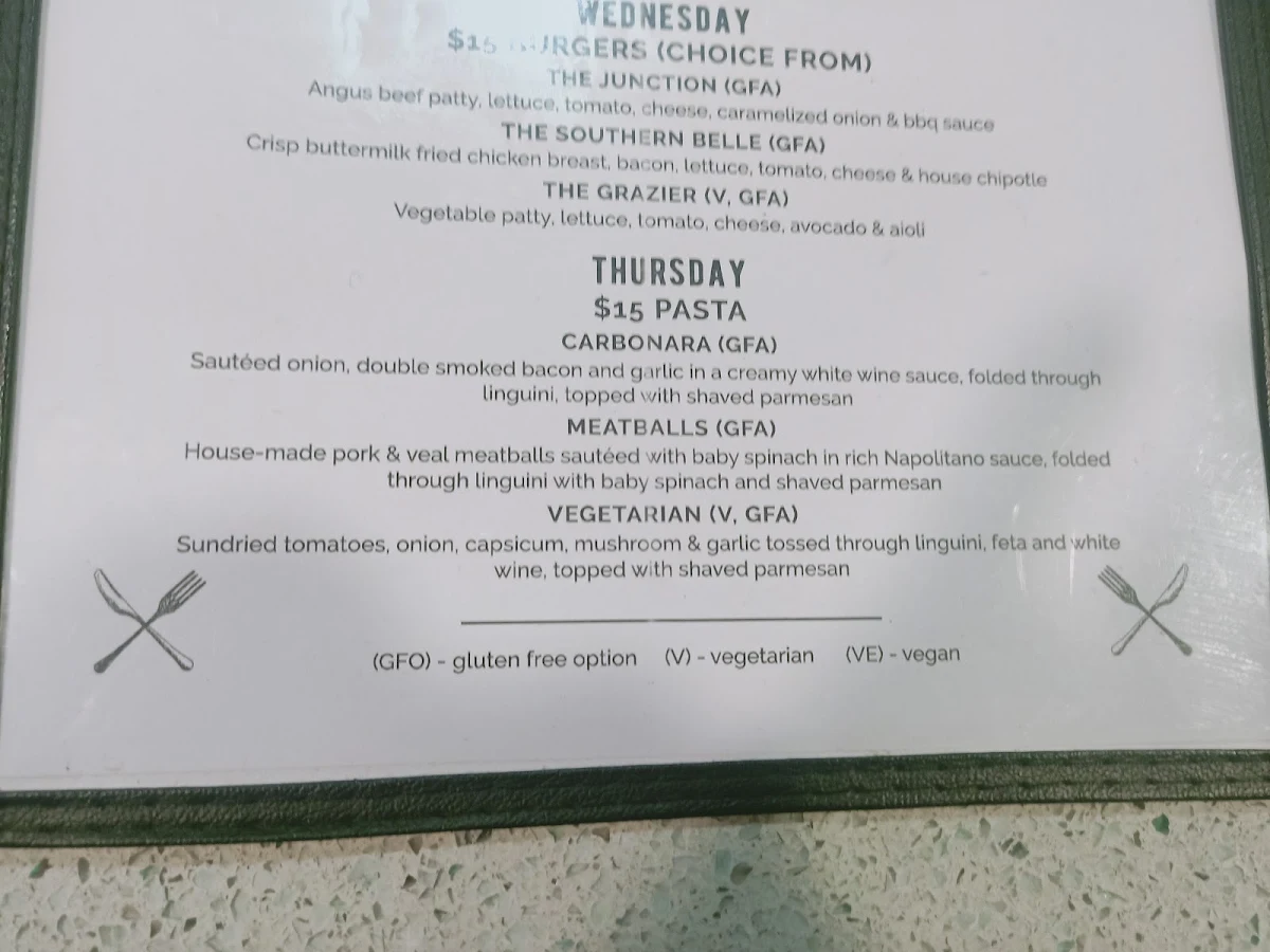 Menu, Sydney Junction Hotel