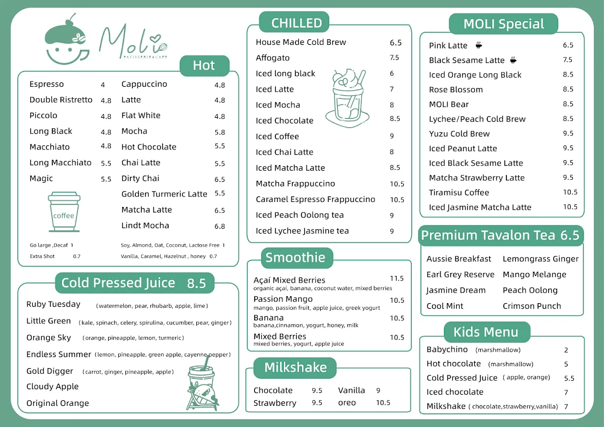 Menu, Moli Patisserie & Cafe