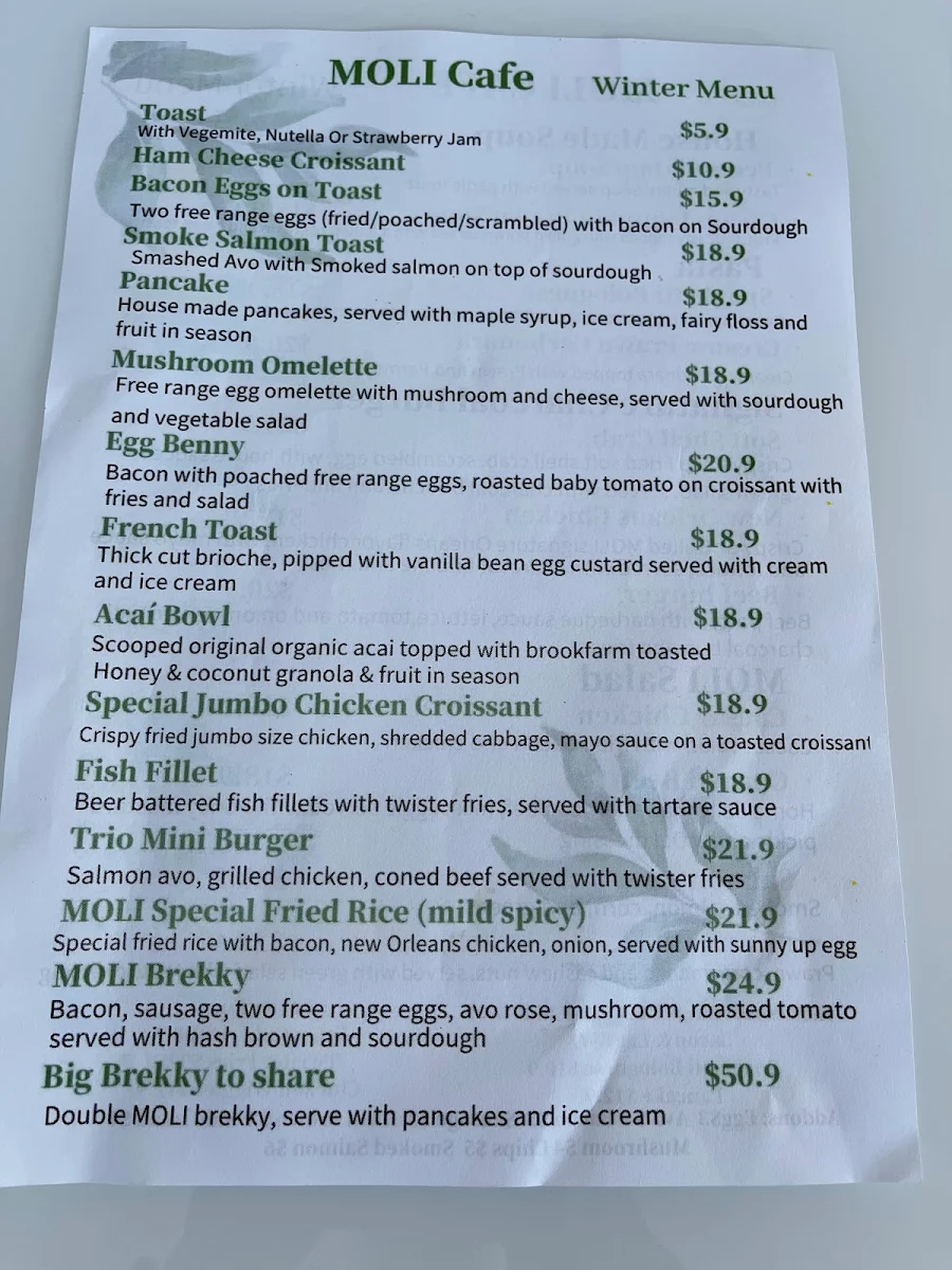 Menu, Moli Patisserie & Cafe