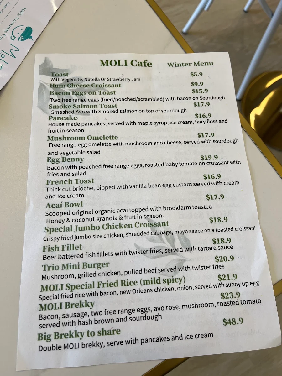 Menu, Moli Patisserie & Cafe