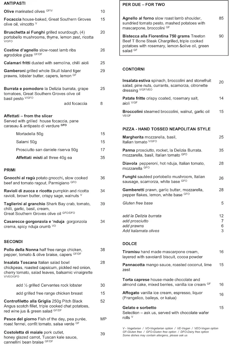 Menu, Luce Bar e Cibo