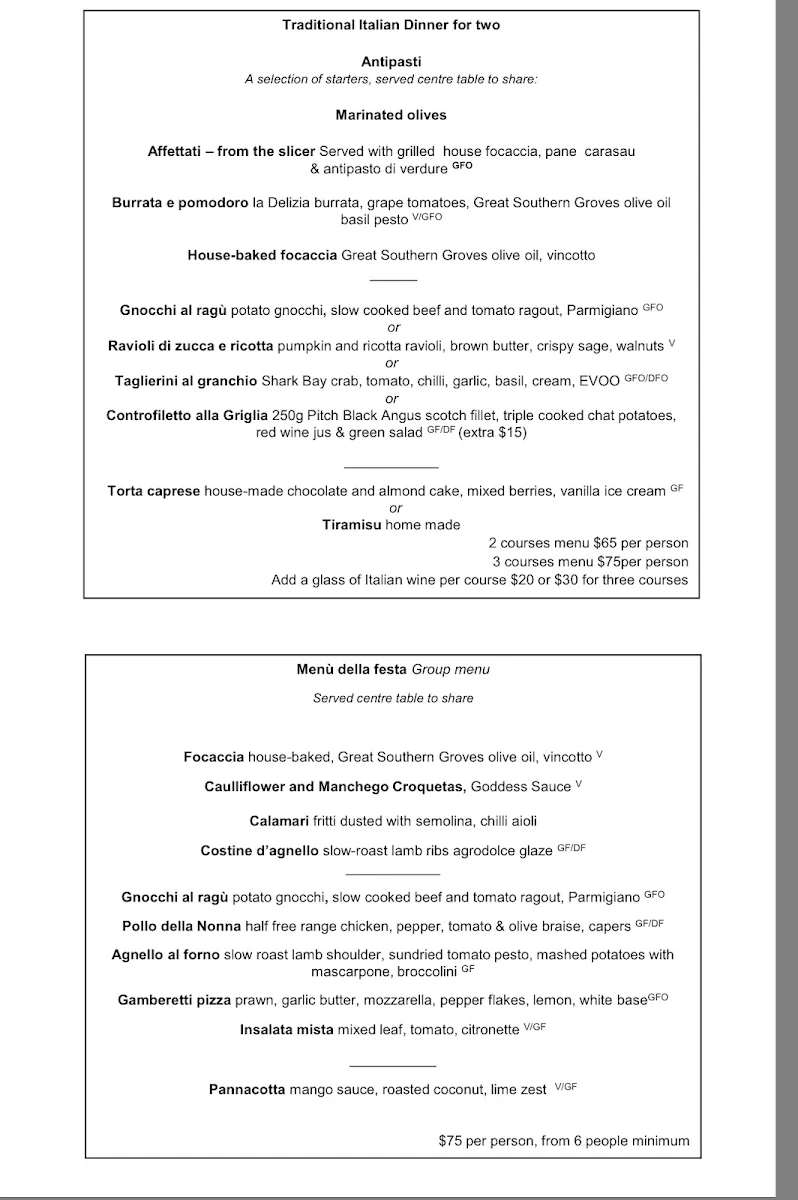 Menu, Luce Bar e Cibo