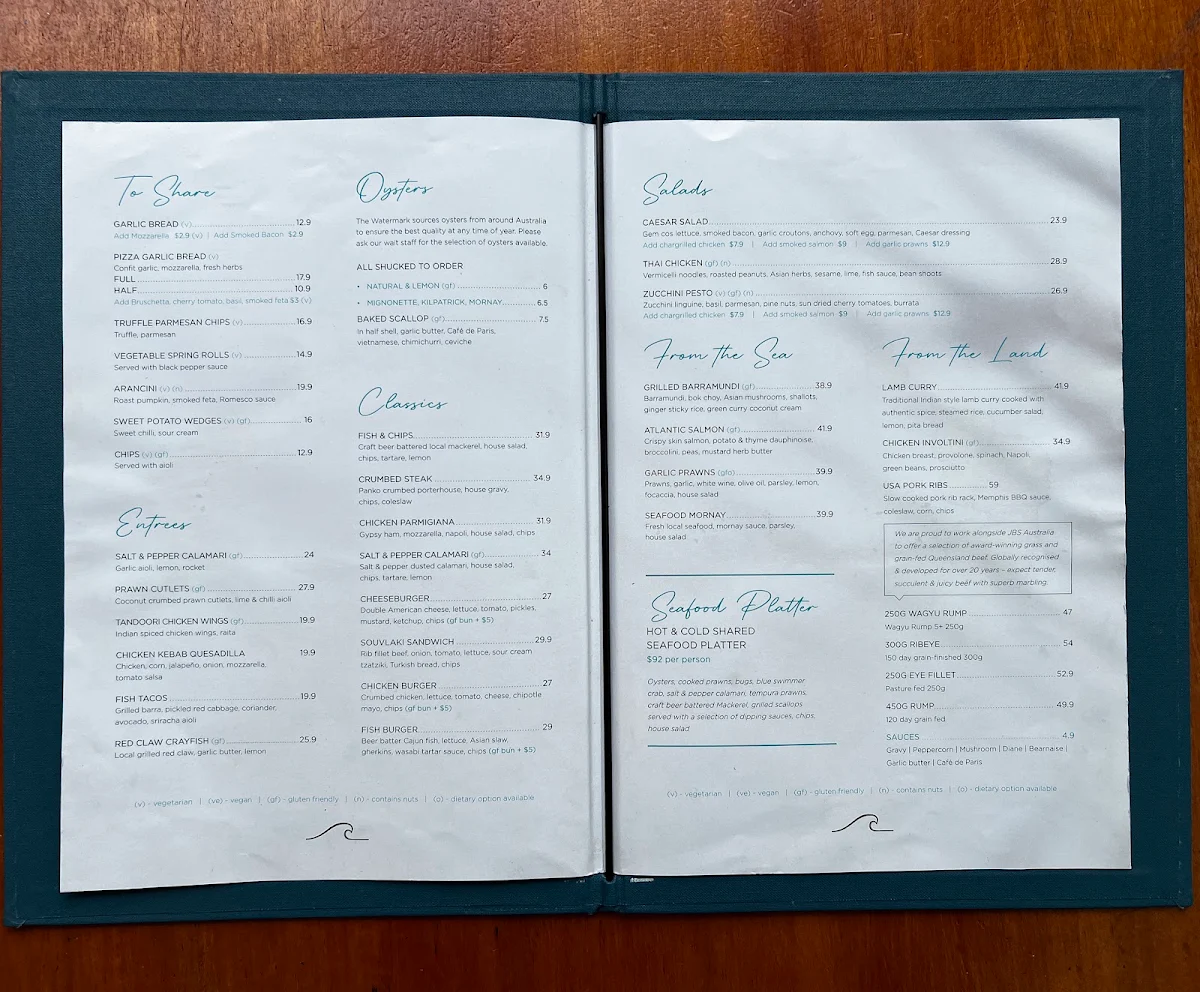 Menu, The Watermark Townsville