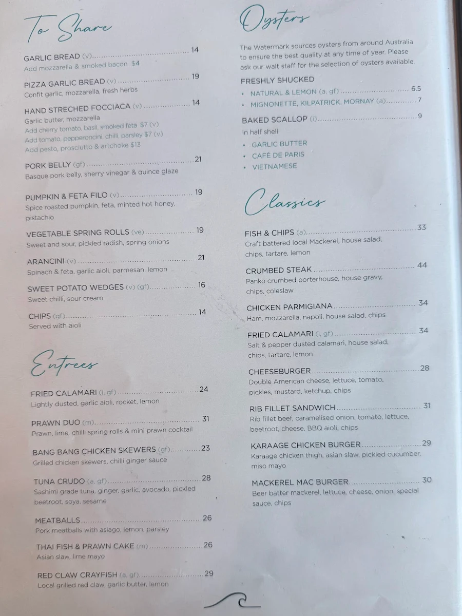 Menu, The Watermark Townsville