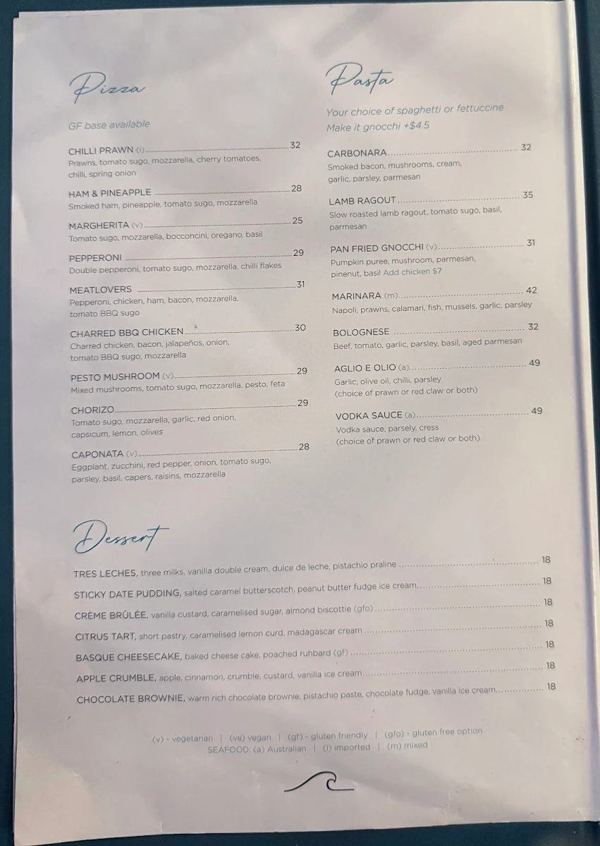 Menu, The Watermark Townsville