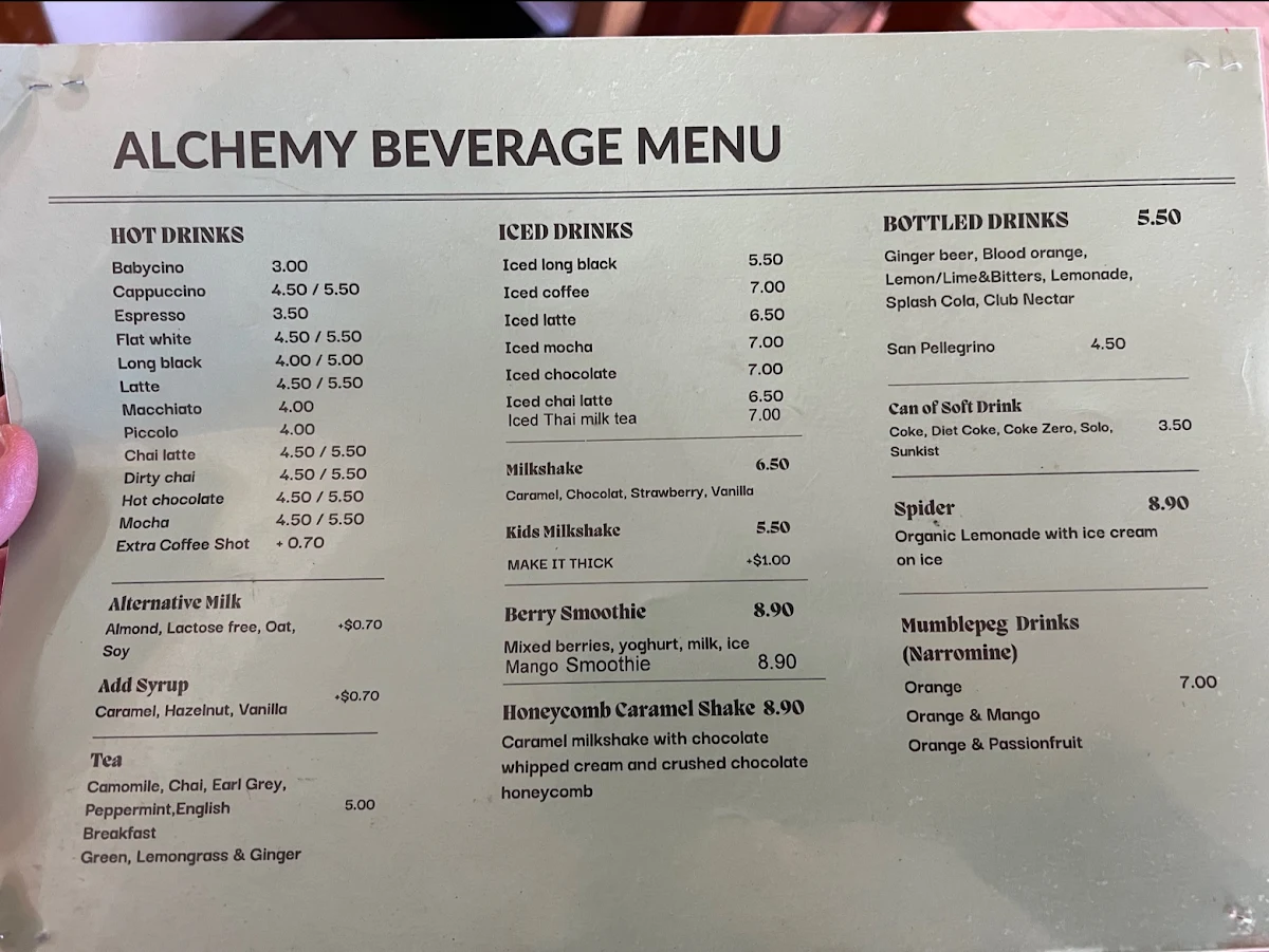 Menu, Alchemy on Victoria