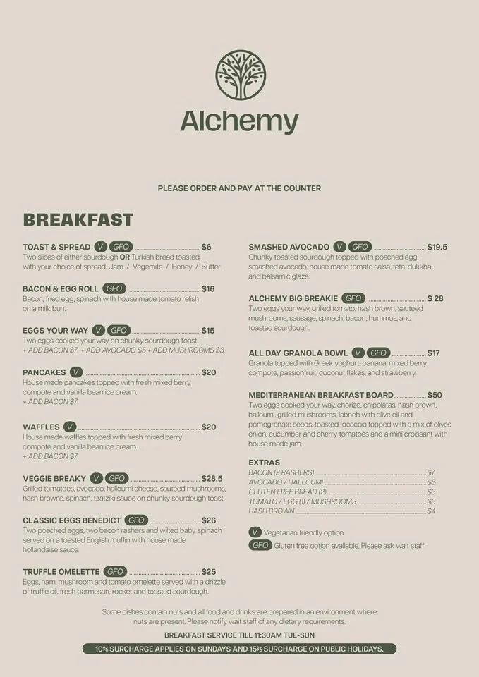 Menu, Alchemy on Victoria