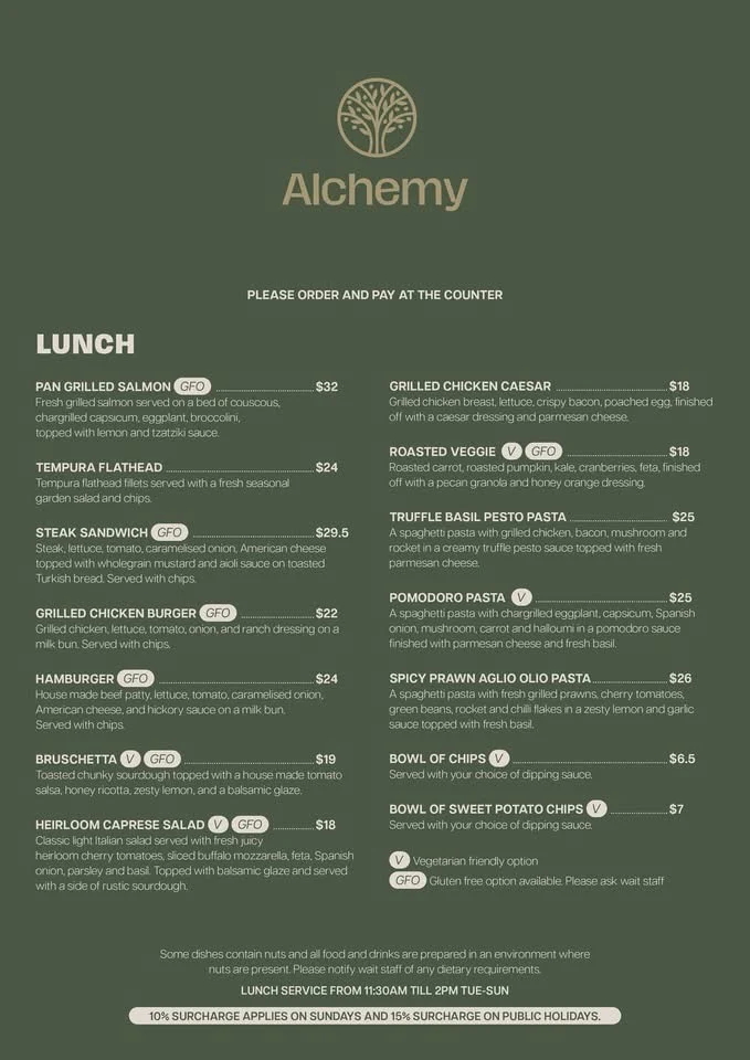 Menu, Alchemy on Victoria