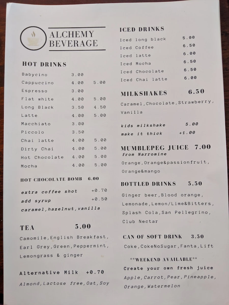 Menu, Alchemy on Victoria