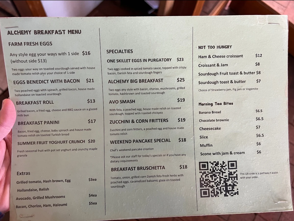 Menu, Alchemy on Victoria