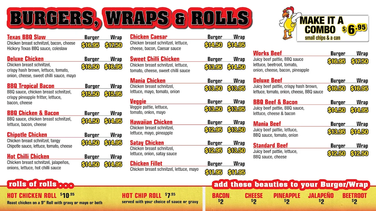 Menu, Chicken Mania Ballina