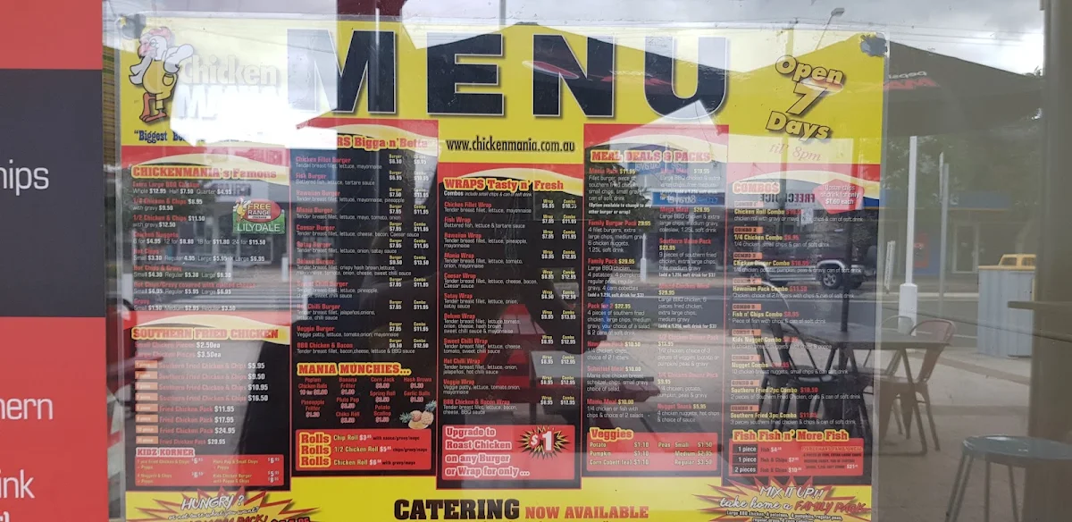 Menu, Chicken Mania Ballina