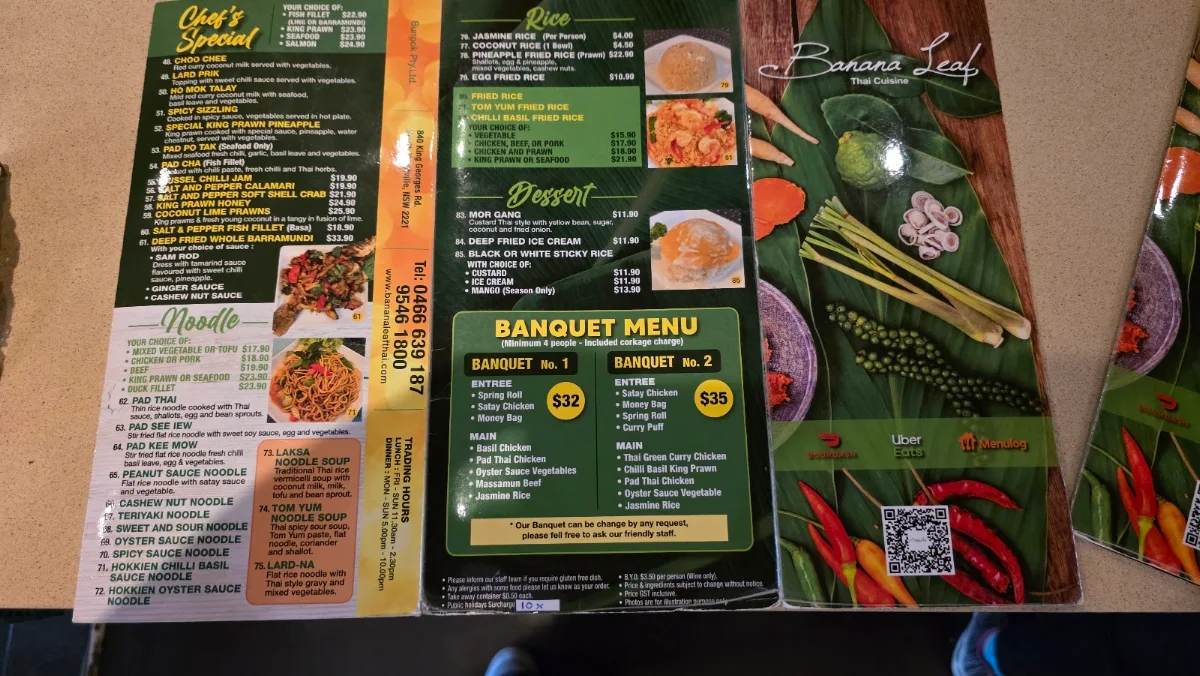 Menu, Banana Leaf Thai cuisine South Hurstville