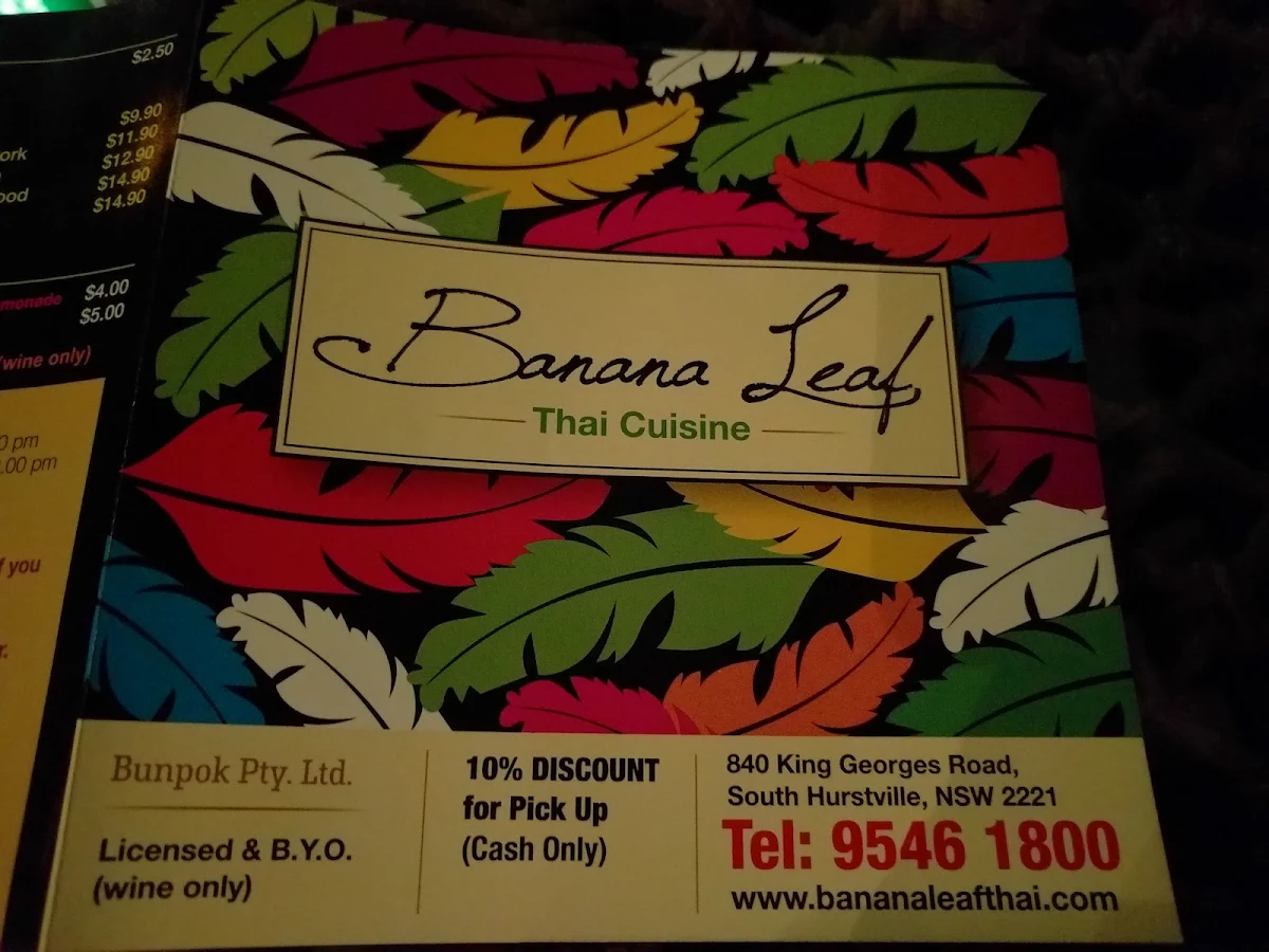 Menu, Banana Leaf Thai cuisine South Hurstville