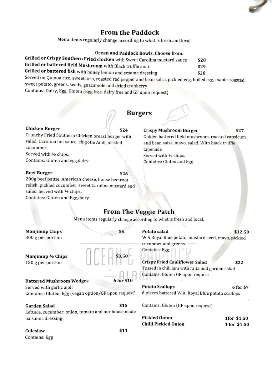 Menu, Ocean & Paddock