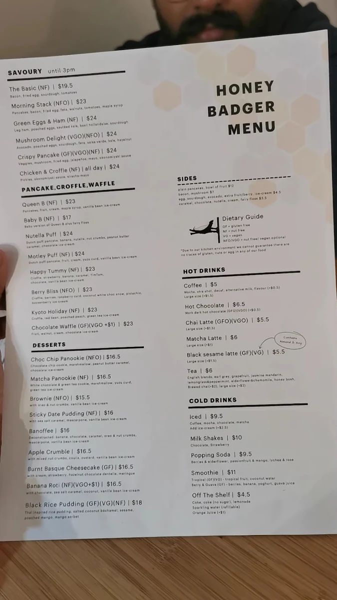 Menu, Honey Badger Dessert Cafe