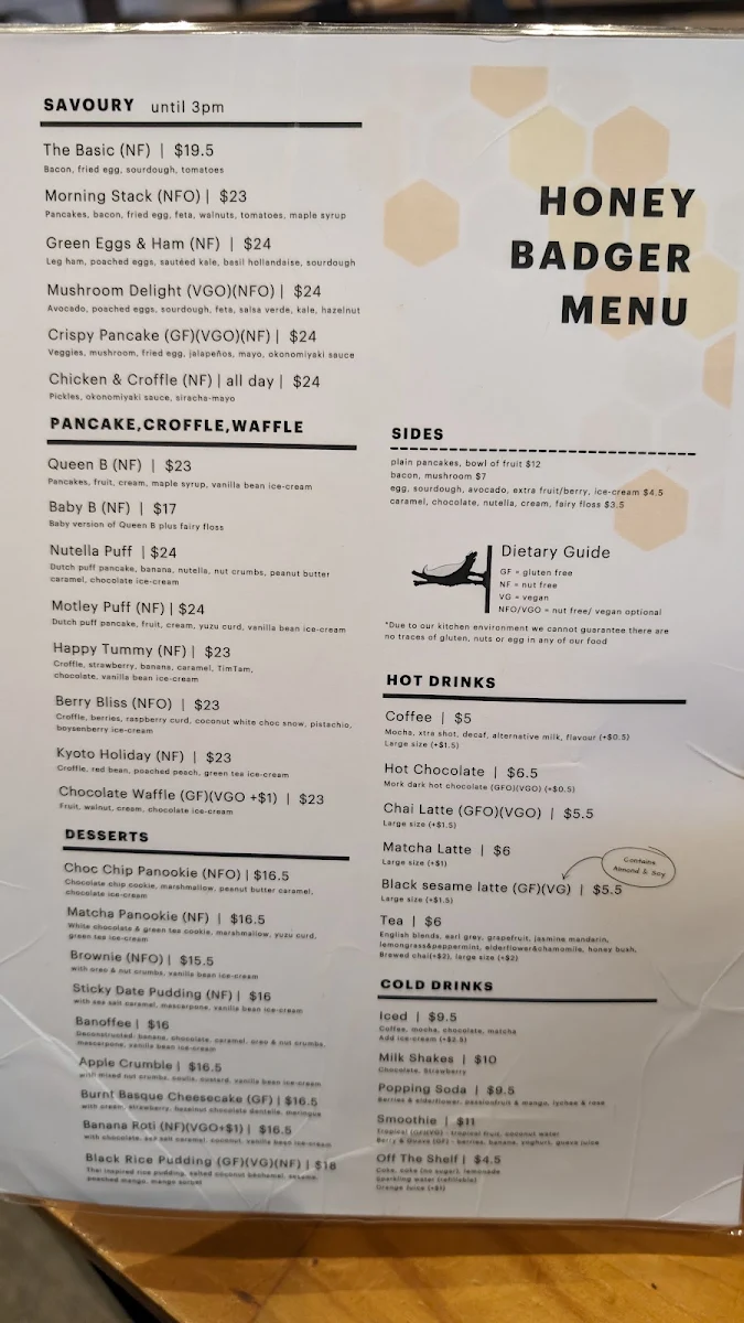 Menu, Honey Badger Dessert Cafe