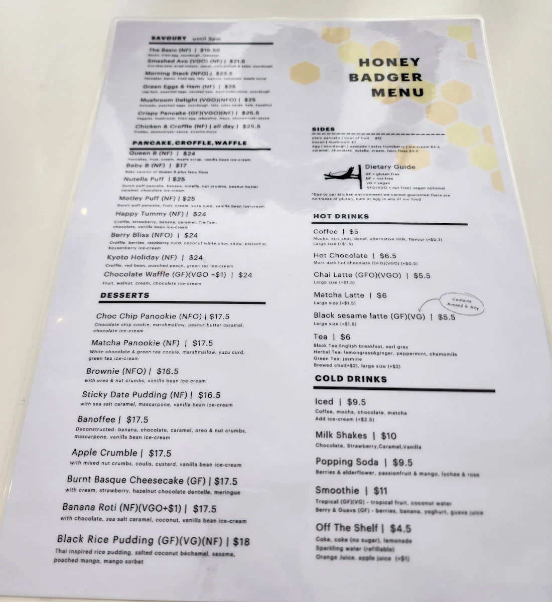 Menu, Honey Badger Dessert Cafe