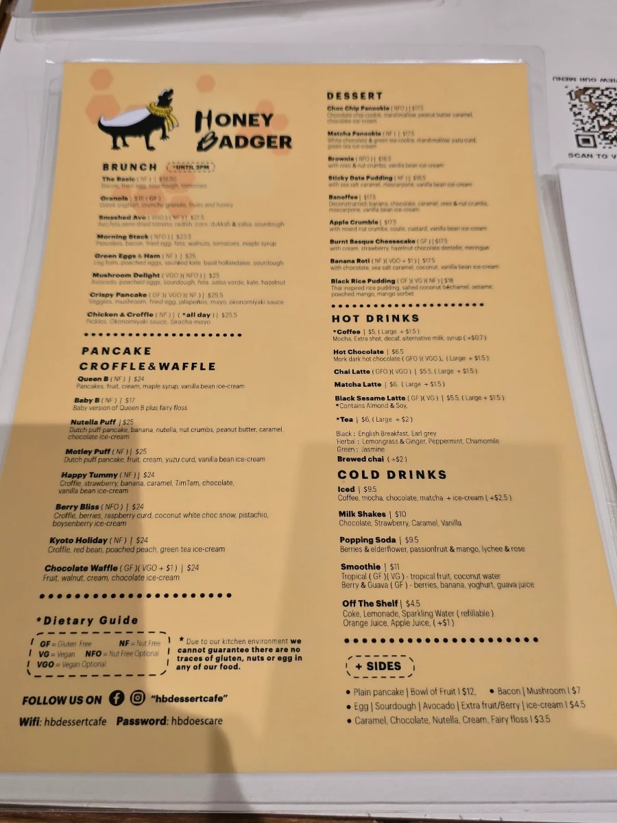 Menu, Honey Badger Dessert Cafe