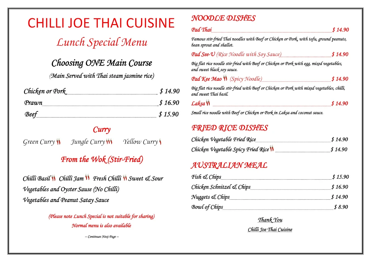 Menu, Chilli Joe Thai Cuisine Restaurant