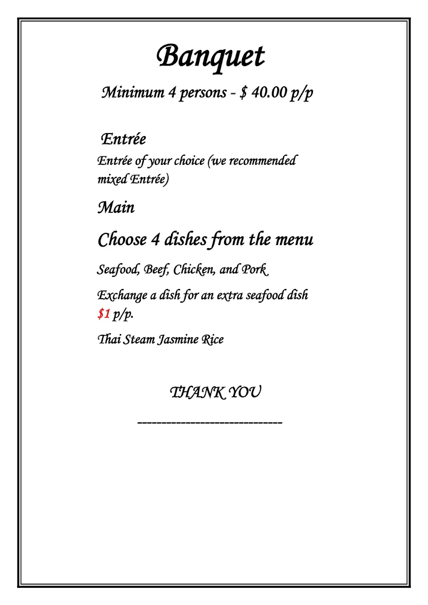 Menu, Chilli Joe Thai Cuisine Restaurant