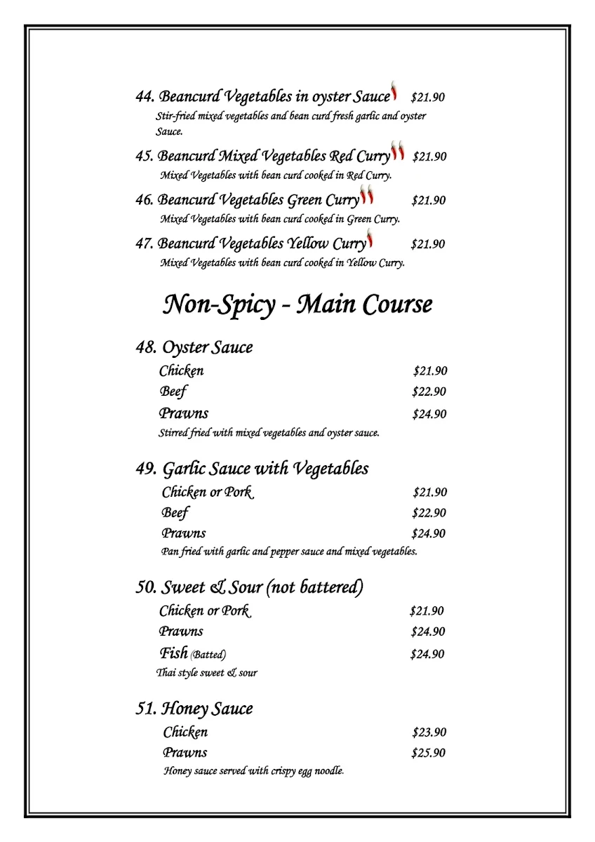 Menu, Chilli Joe Thai Cuisine Restaurant