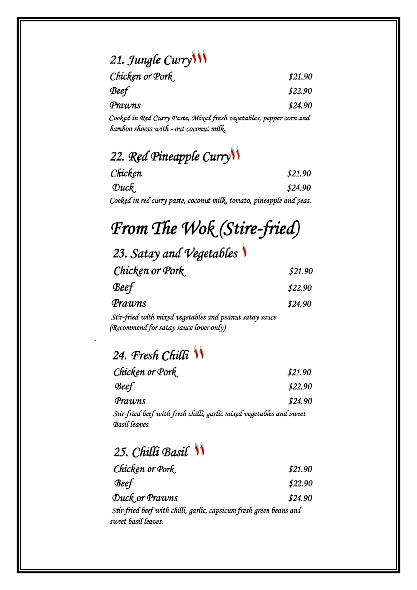 Menu, Chilli Joe Thai Cuisine Restaurant