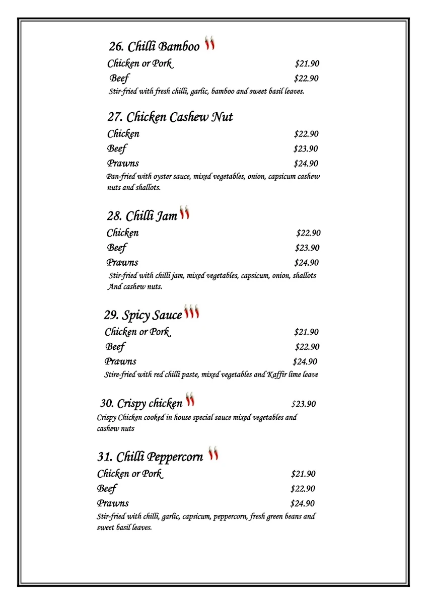 Menu, Chilli Joe Thai Cuisine Restaurant